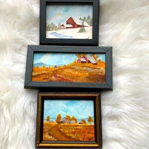 Set of Three Framed Landscape miniature oil Paintings wall Art